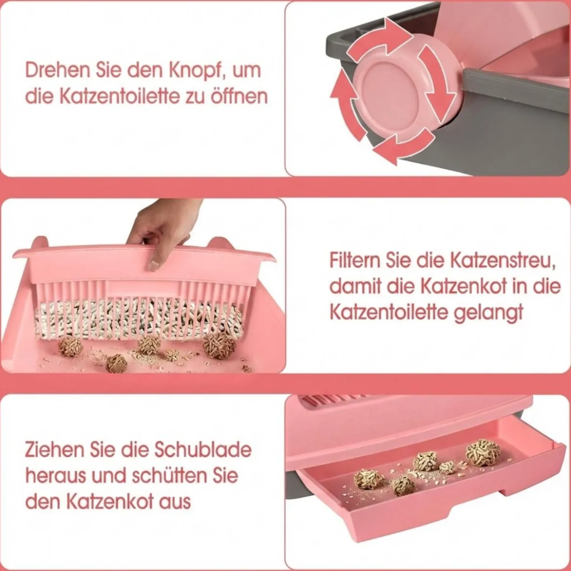 Halbautomatische Katzenstreu-Box mit offenem Deckel spritzgeschützte Katzentoilette Rosa