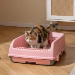 Halbautomatische Katzenstreu-Box mit offenem Deckel spritzgeschützte Katzentoilette Rosa