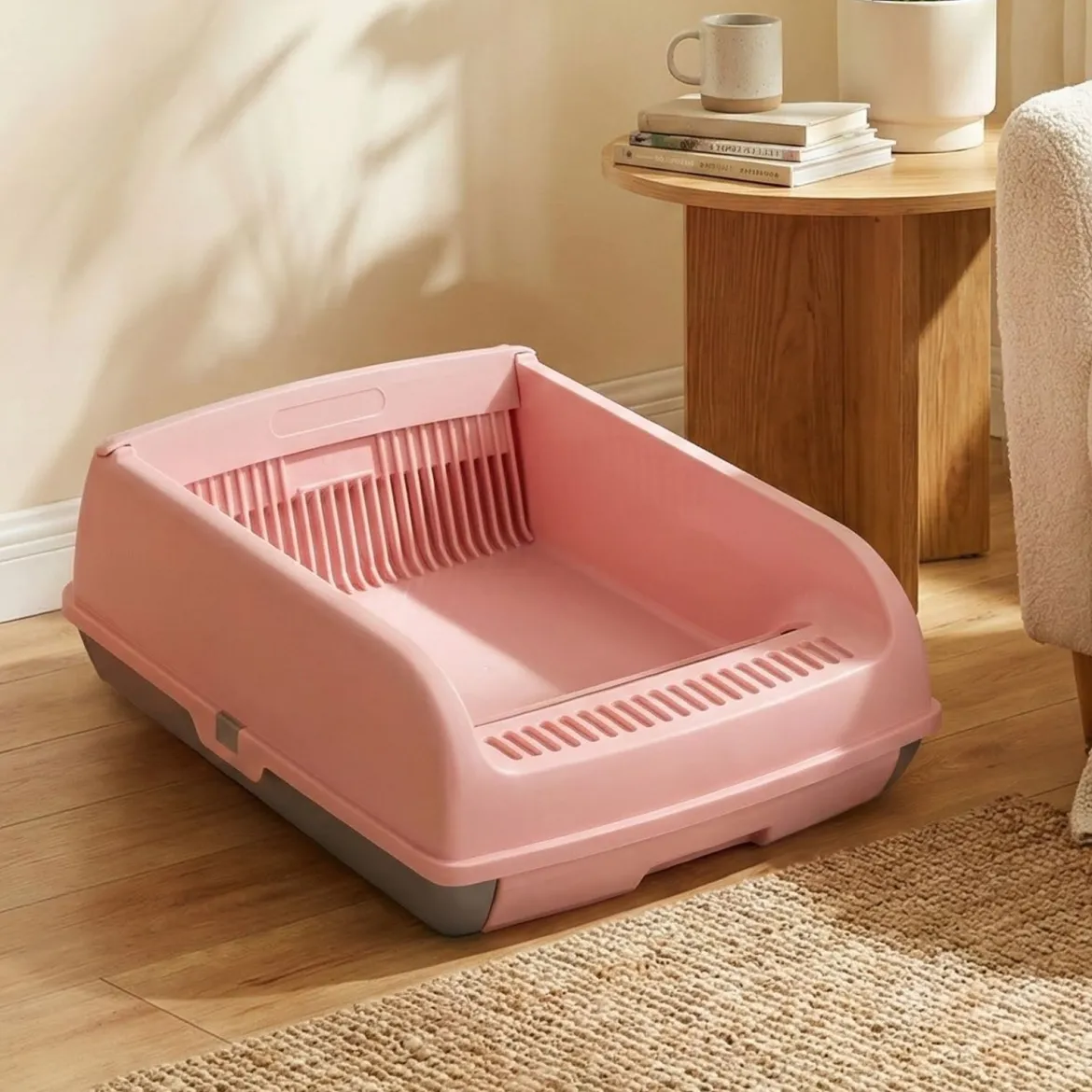Halbautomatische Katzenstreu-Box mit offenem Deckel spritzgeschützte Katzentoilette Rosa