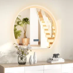 Halbrunder Badezimmerspiegel mit 3-farbigen LED-Leuchten Dimmbarer Kosmetikspiegel