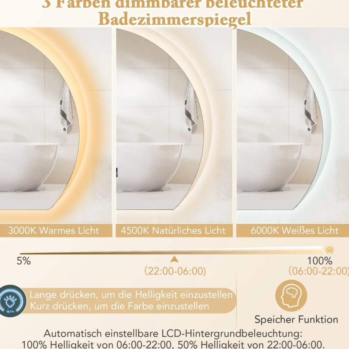 Halbrunder Badezimmerspiegel mit 3-farbigen LED-Leuchten Dimmbarer Kosmetikspiegel