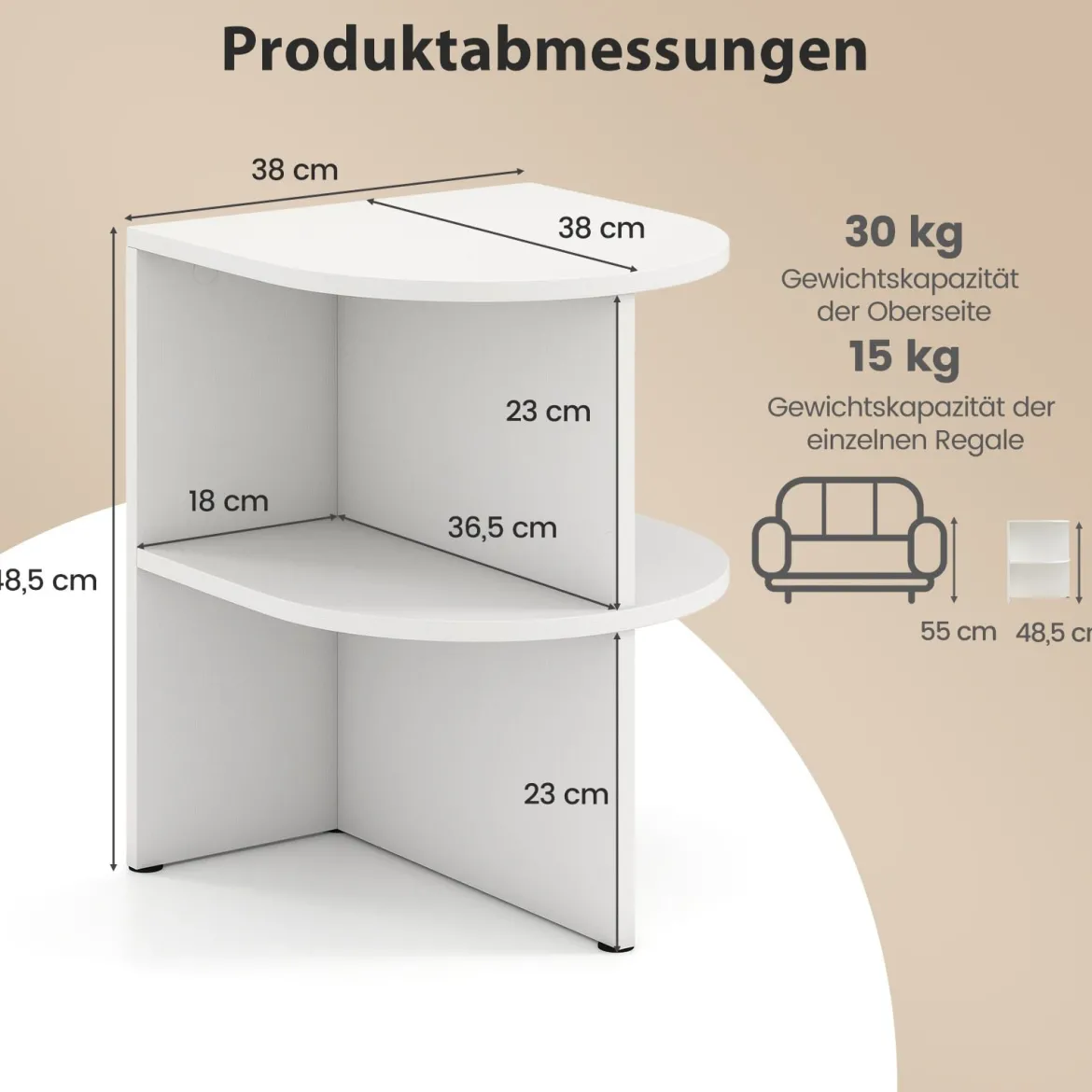Halbrunder Beistelltisch mit Offenen Regalen Nachttisch Sofatisch Kaffeetisch Weiß