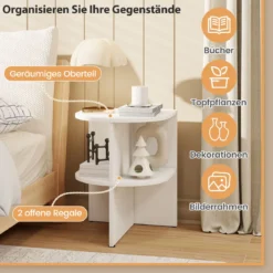 Halbrunder Beistelltisch mit Offenen Regalen Nachttisch Sofatisch Kaffeetisch Weiß