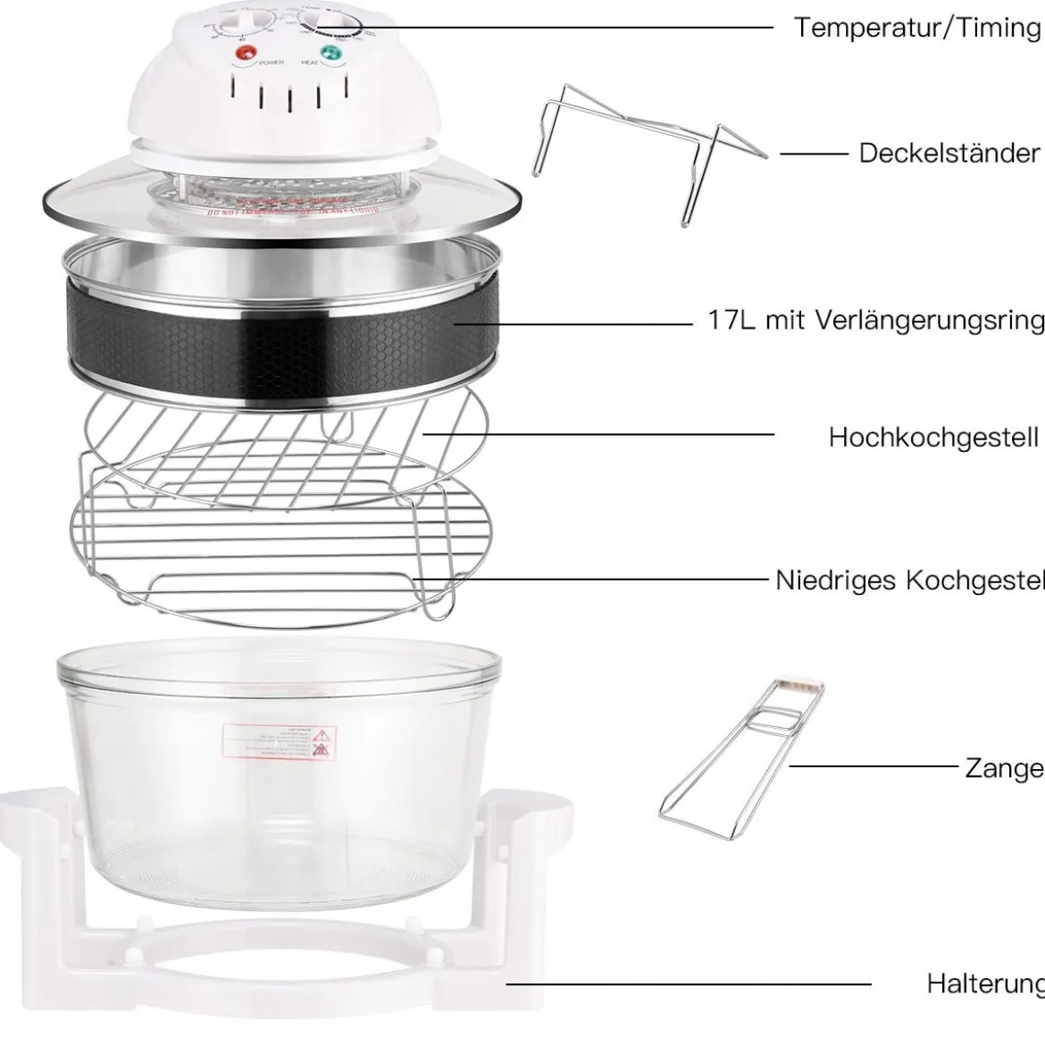 Halogenofen 17L 1200W-1400W Heissluftofen Heißluftgrill mit Erweiterungsring Weiß