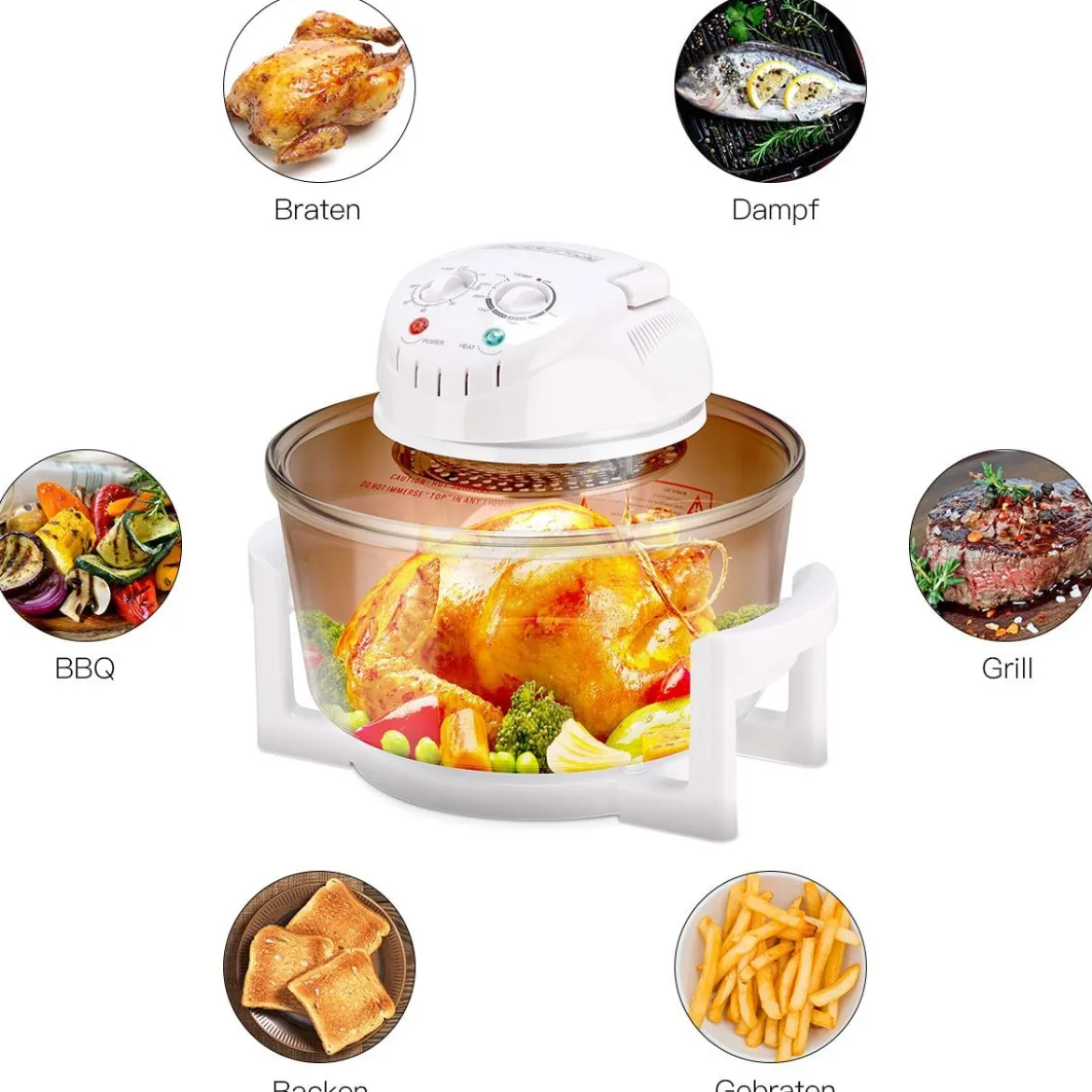 Halogenofen 17L 1200W-1400W Heissluftofen Heißluftgrill mit Erweiterungsring Weiß