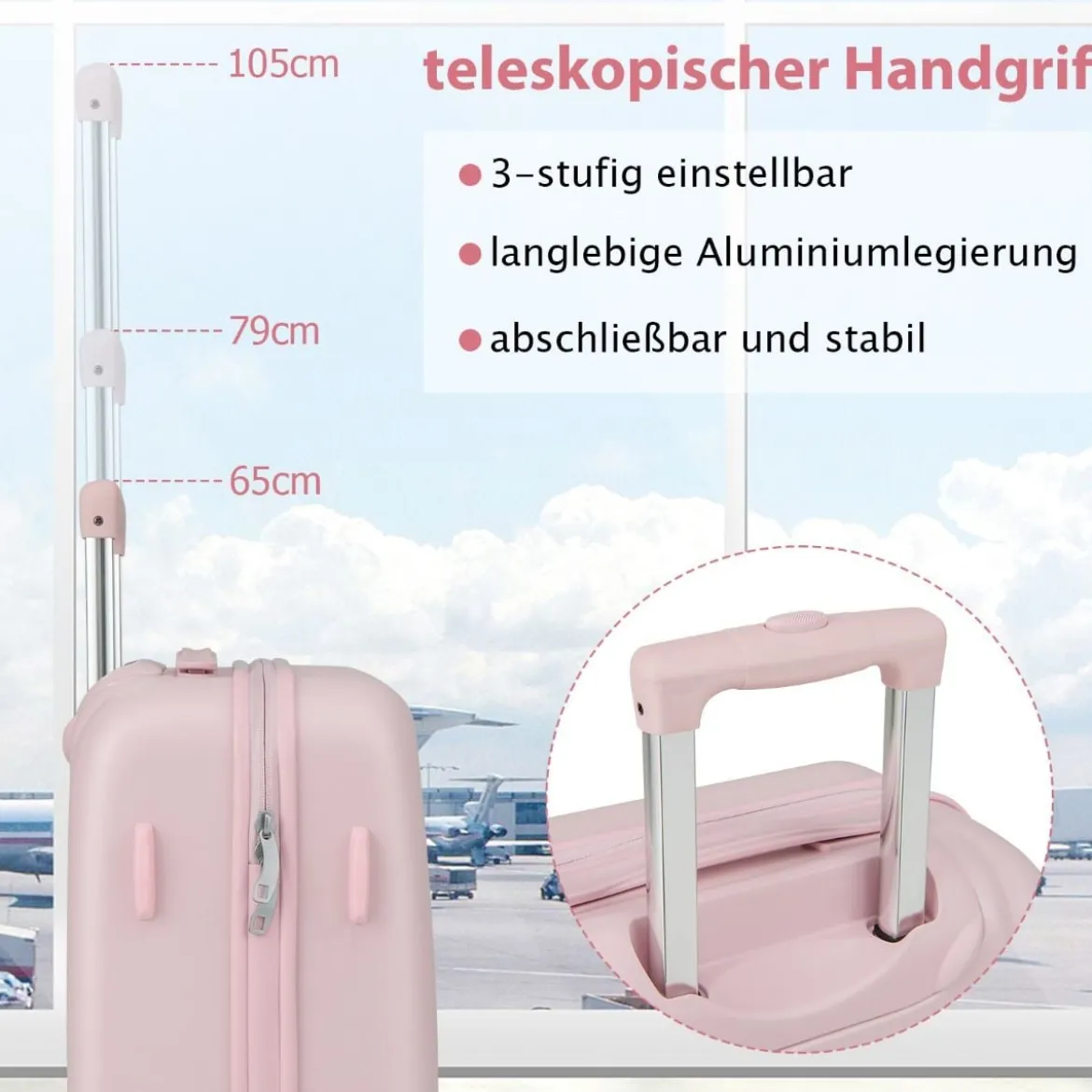 20” Handgepäck Reisekoffer mit Spinnerrädern & TSA-Schloss PC-Hartschalenkoffer mit Aufkleber 38 x 22 x 57 cm Rosa