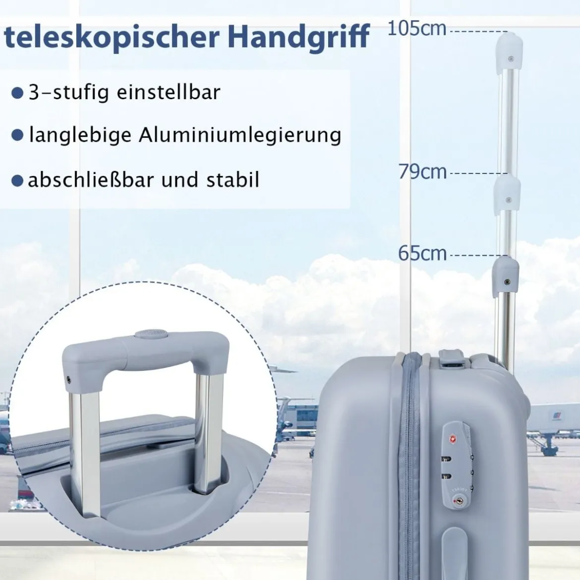 20” Handgepäck Reisekoffer mit Spinnerrädern & TSA-Schloss PC-Hartschalenkoffer mit Aufkleber 38 x 22 x 57 cm Blau