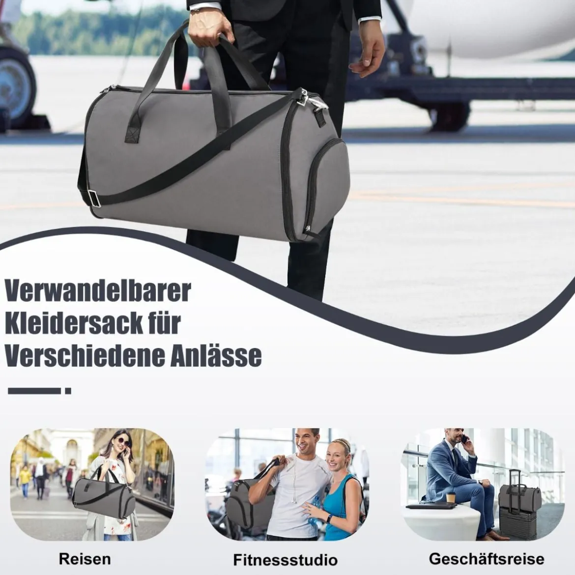 Handgepäcktasche mit Schuhfach & verstellbarem Schultergurt 2-in-1-Hängeanzug-Reisetasche Dunkelgrau