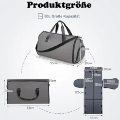 Handgepäcktasche mit Schuhfach & verstellbarem Schultergurt 2-in-1-Hängeanzug-Reisetasche Dunkelgrau
