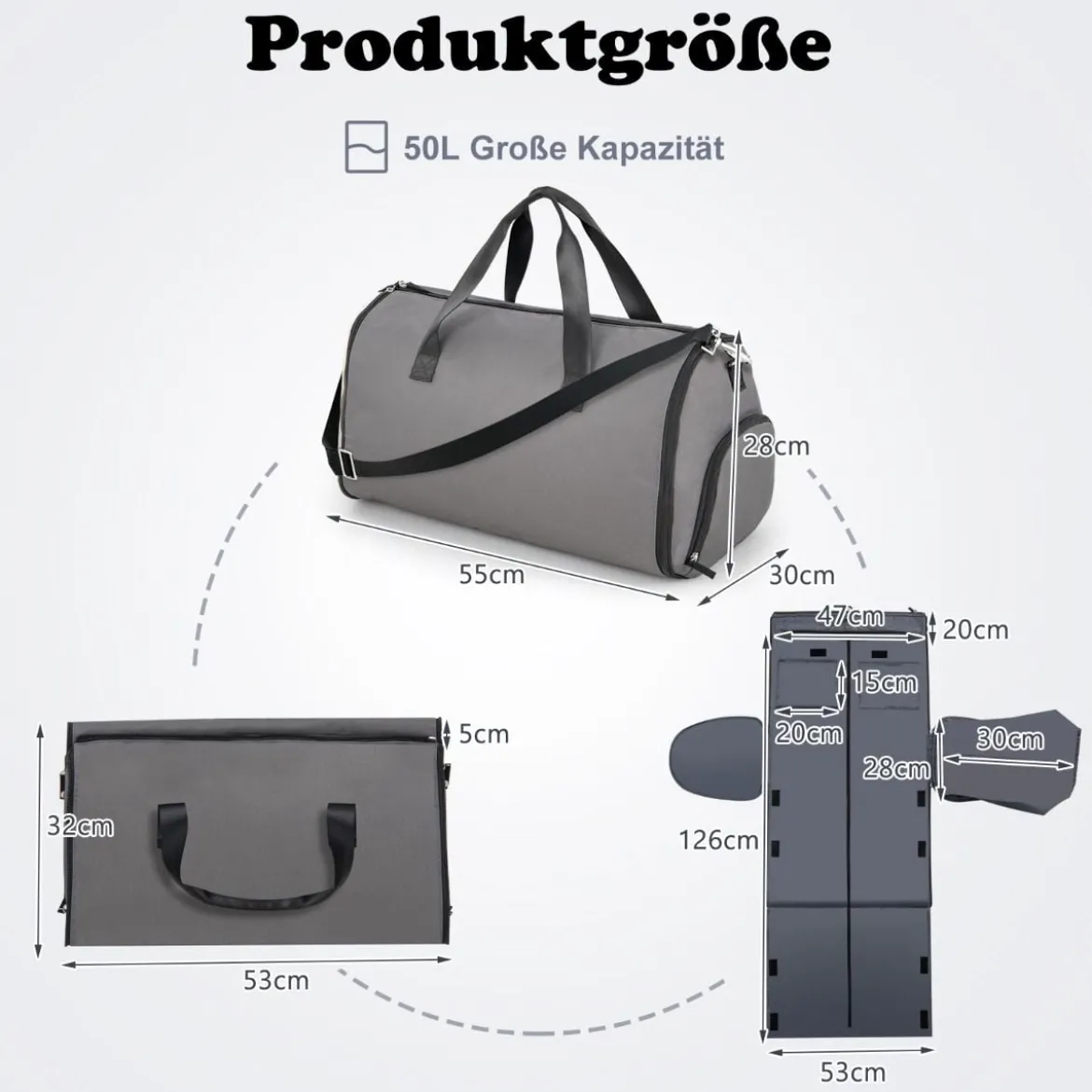 Handgepäcktasche mit Schuhfach & verstellbarem Schultergurt 2-in-1-Hängeanzug-Reisetasche Dunkelgrau