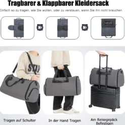 Handgepäcktasche mit Schuhfach & verstellbarem Schultergurt 2-in-1-Hängeanzug-Reisetasche Dunkelgrau