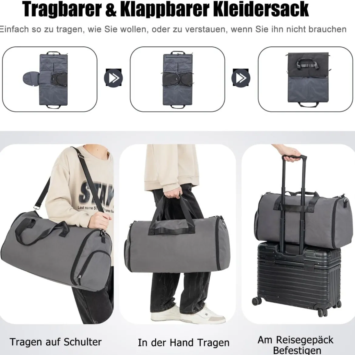 Handgepäcktasche mit Schuhfach & verstellbarem Schultergurt 2-in-1-Hängeanzug-Reisetasche Dunkelgrau