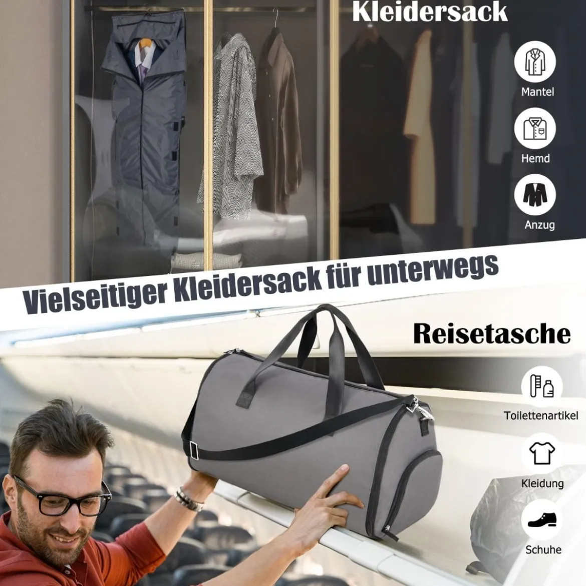 Handgepäcktasche mit Schuhfach & verstellbarem Schultergurt 2-in-1-Hängeanzug-Reisetasche Dunkelgrau