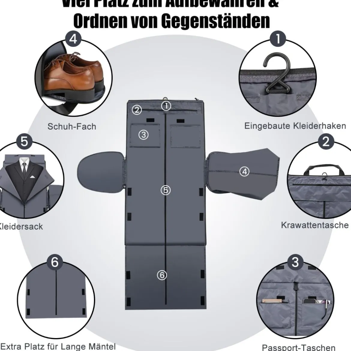 Handgepäcktasche mit Schuhfach & verstellbarem Schultergurt 2-in-1-Hängeanzug-Reisetasche Dunkelgrau