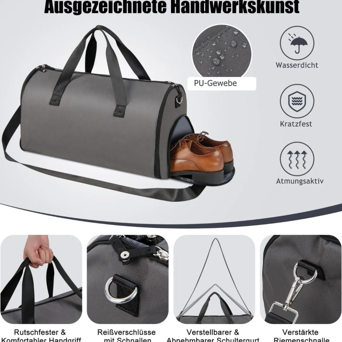 Handgepäcktasche mit Schuhfach & verstellbarem Schultergurt 2-in-1-Hängeanzug-Reisetasche Dunkelgrau