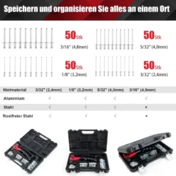 Handnietzange Schwere Manuelle Nietpistole mit 200 Nieten Nietwerkzeugkit mit Tragetasche