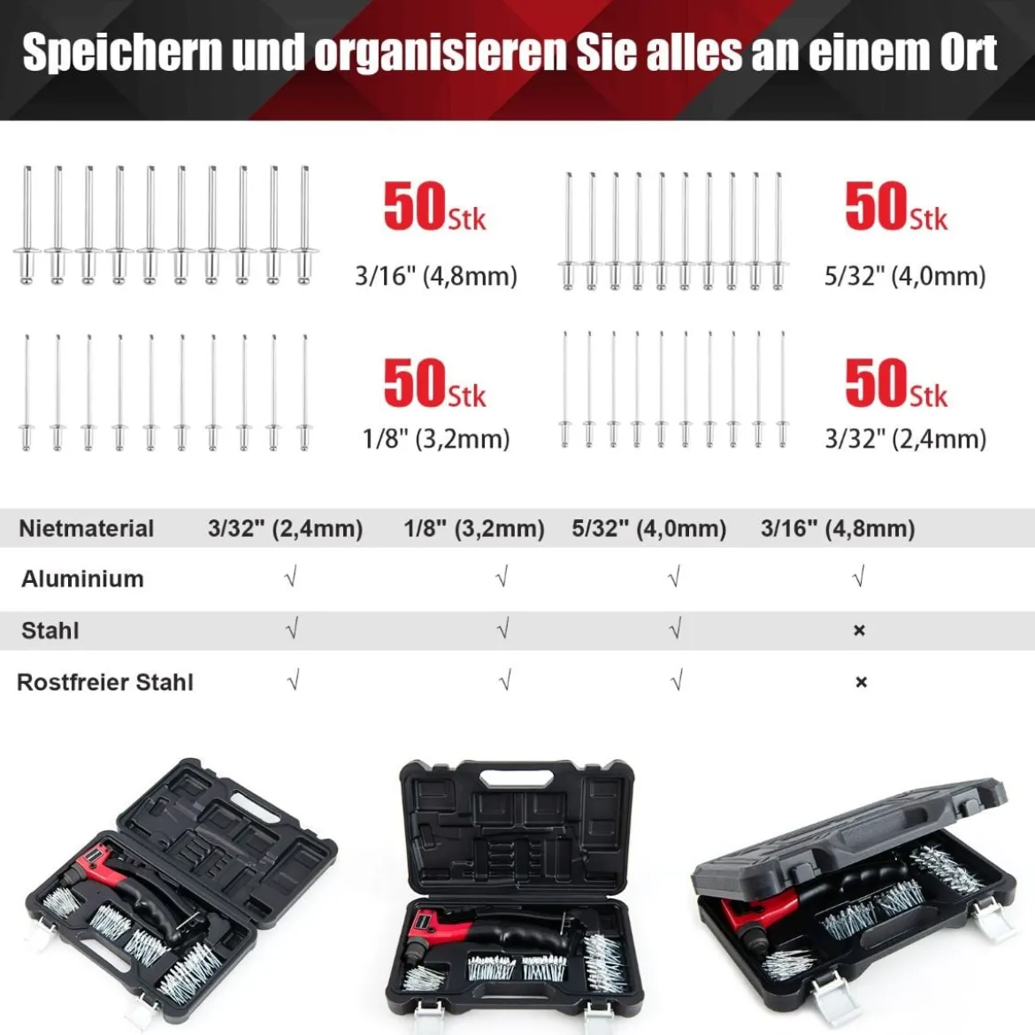 Handnietzange Schwere Manuelle Nietpistole mit 200 Nieten Nietwerkzeugkit mit Tragetasche