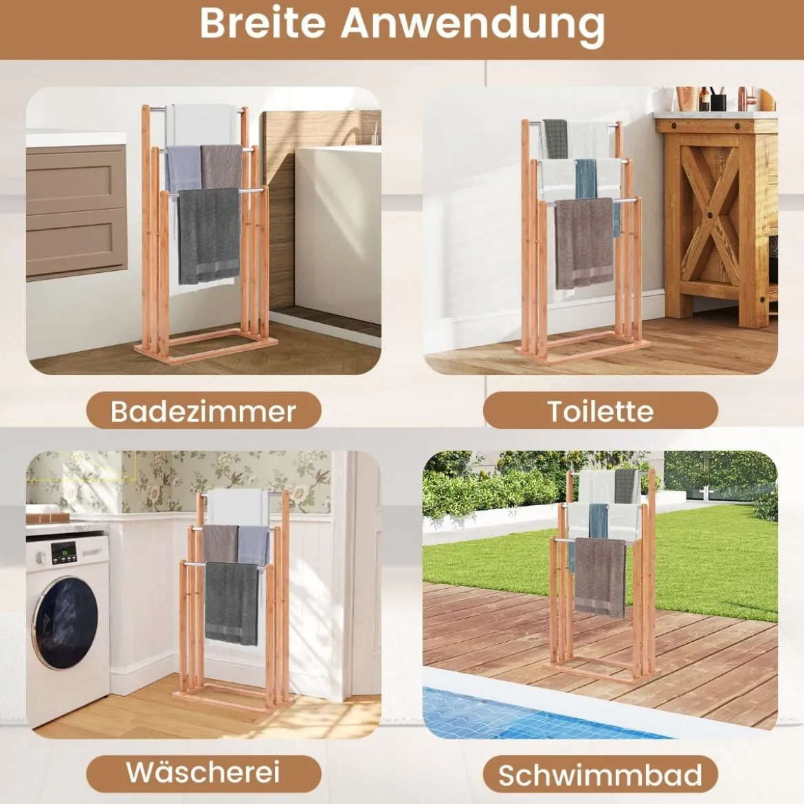 Handtuchhalter Handtuchständer Standhandtuchhalter 3 Stangen Freistehend Bambus