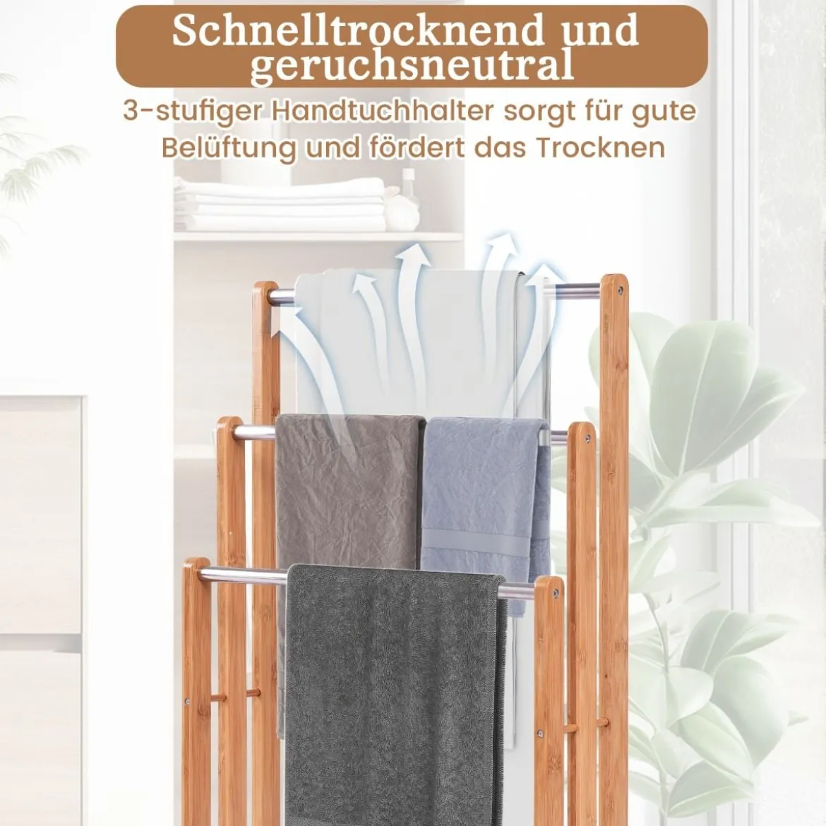 Handtuchhalter Handtuchständer Standhandtuchhalter 3 Stangen Freistehend Bambus