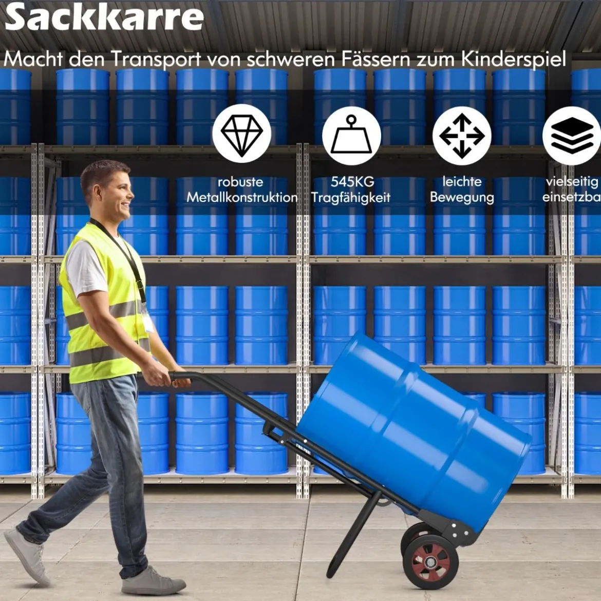 Handwagen zum Fasstransport mit 2 Gummirädern & Glockenhaken mit Feder Schwarz
