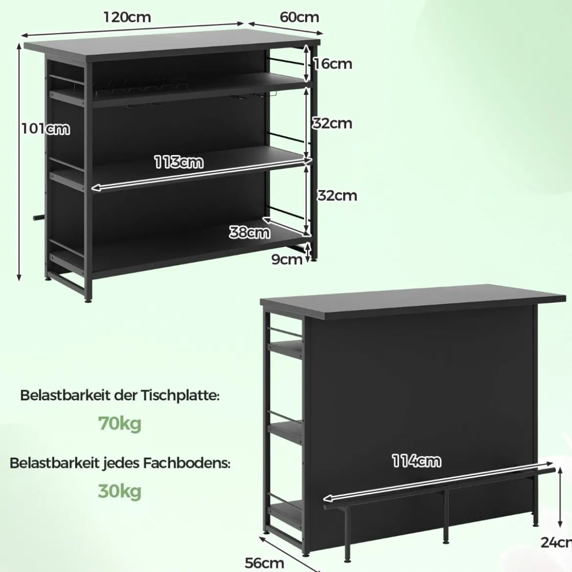 Hausbar Schrank mit 4 Offenen Ablagen & Weinregal & Gläserhalter Küchenregal