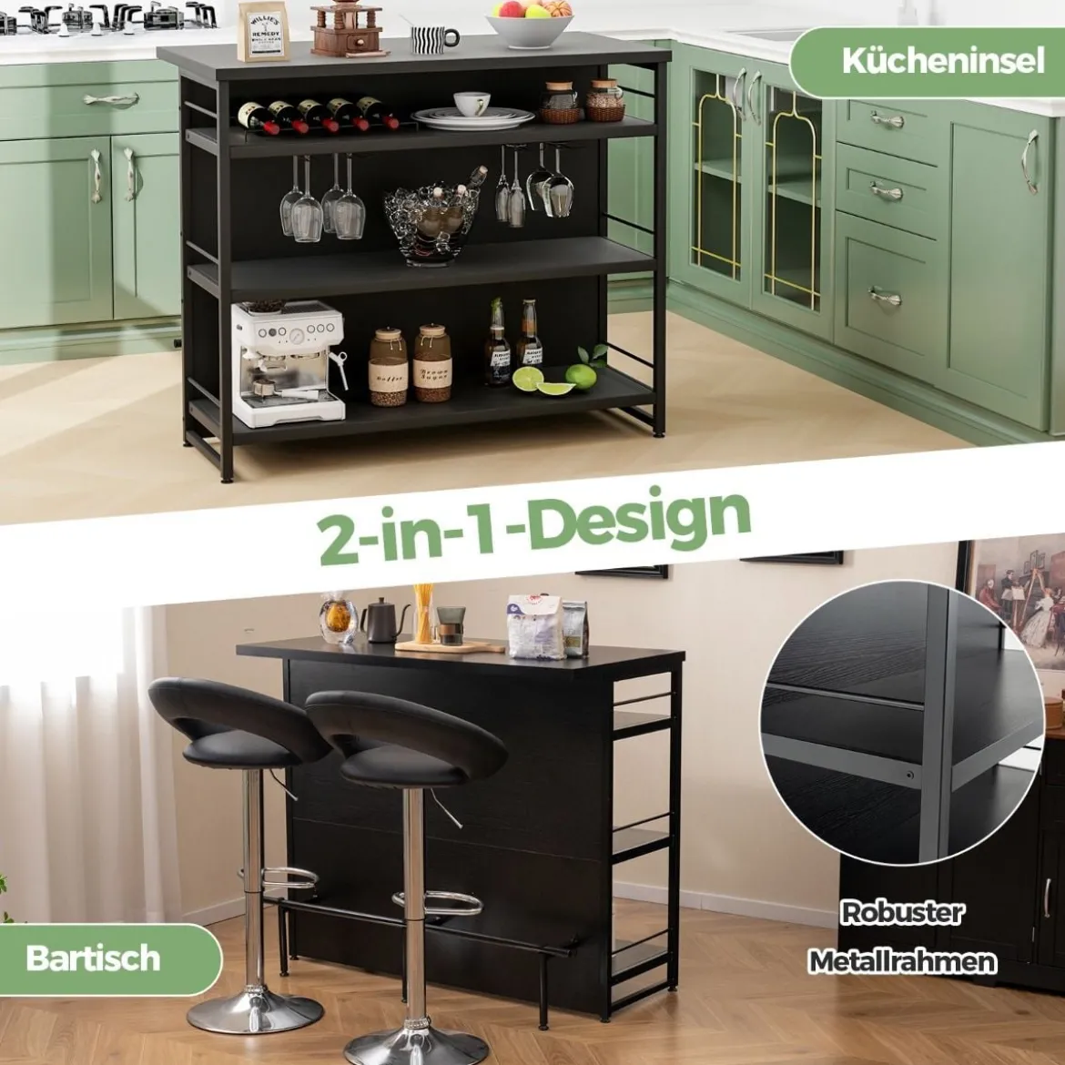 Hausbar Schrank mit 4 Offenen Ablagen & Weinregal & Gläserhalter Küchenregal