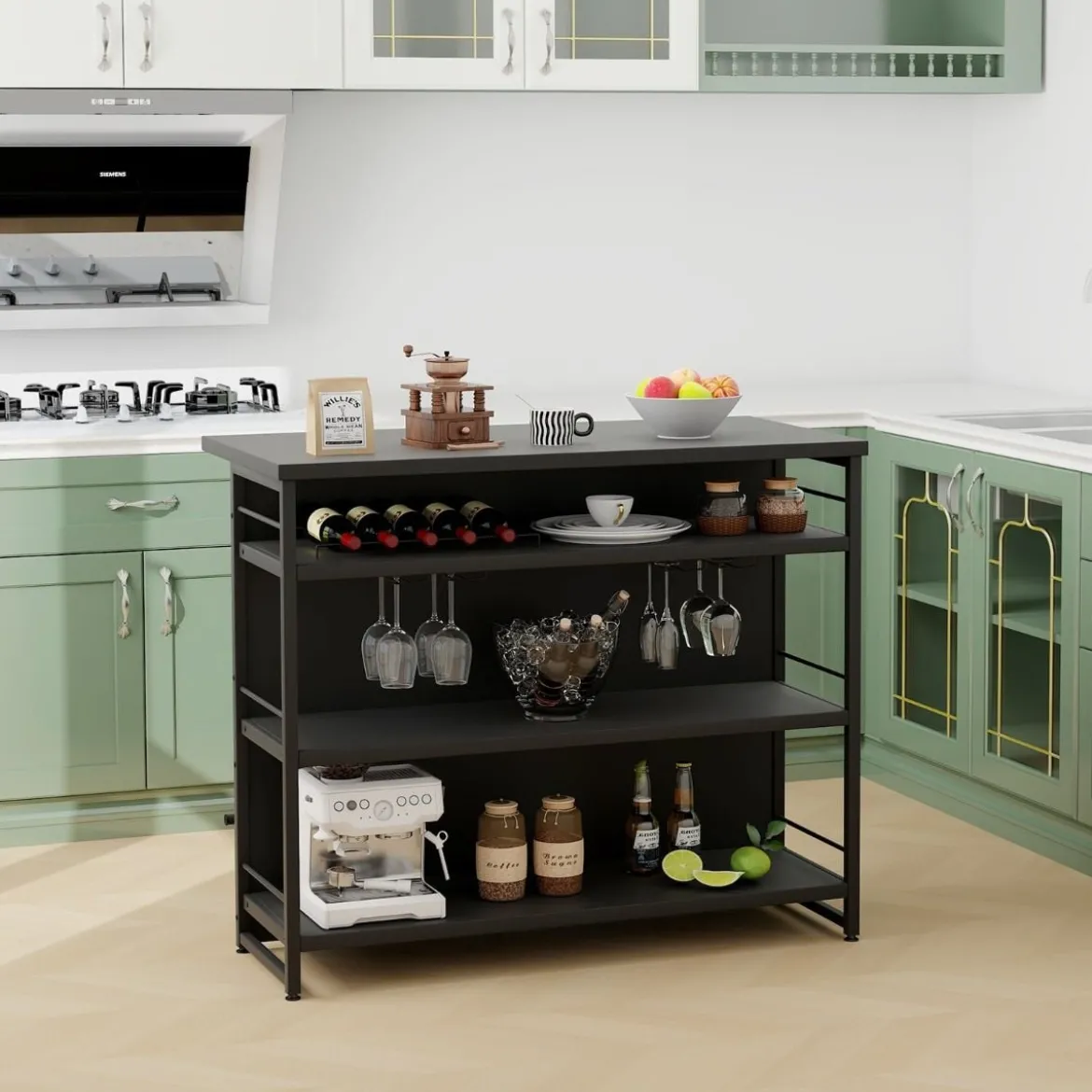 Hausbar Schrank mit 4 Offenen Ablagen & Weinregal & Gläserhalter Küchenregal