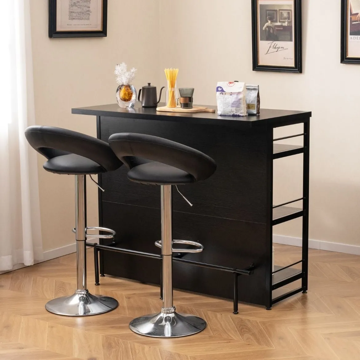 Hausbar Schrank mit 4 Offenen Ablagen & Weinregal & Gläserhalter Küchenregal