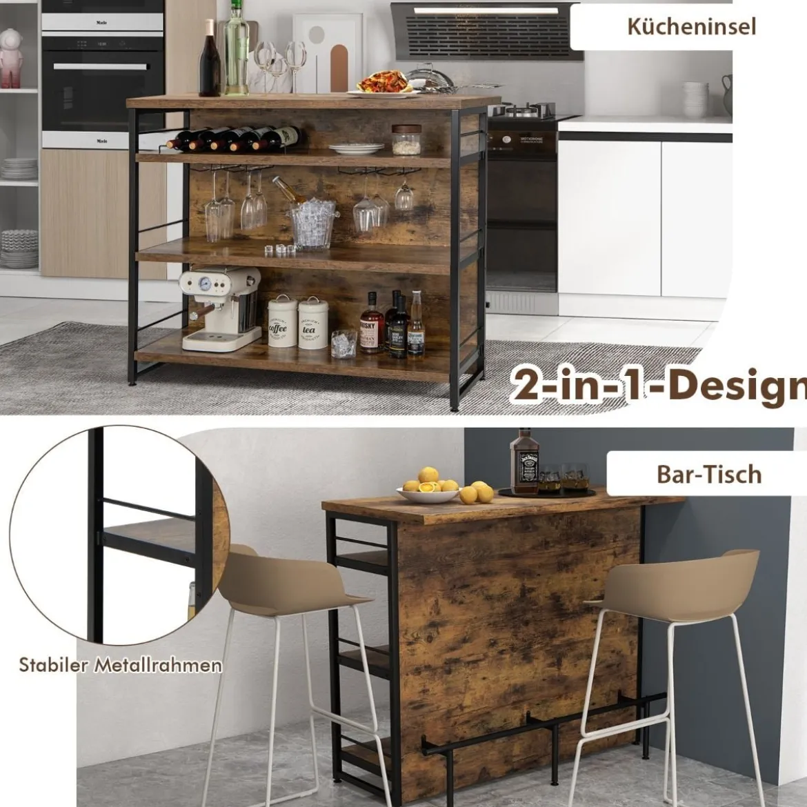 Hausbar Schrank mit 4 Offenen Ablagen & Weinregal & Gläserhalter Küchenregal