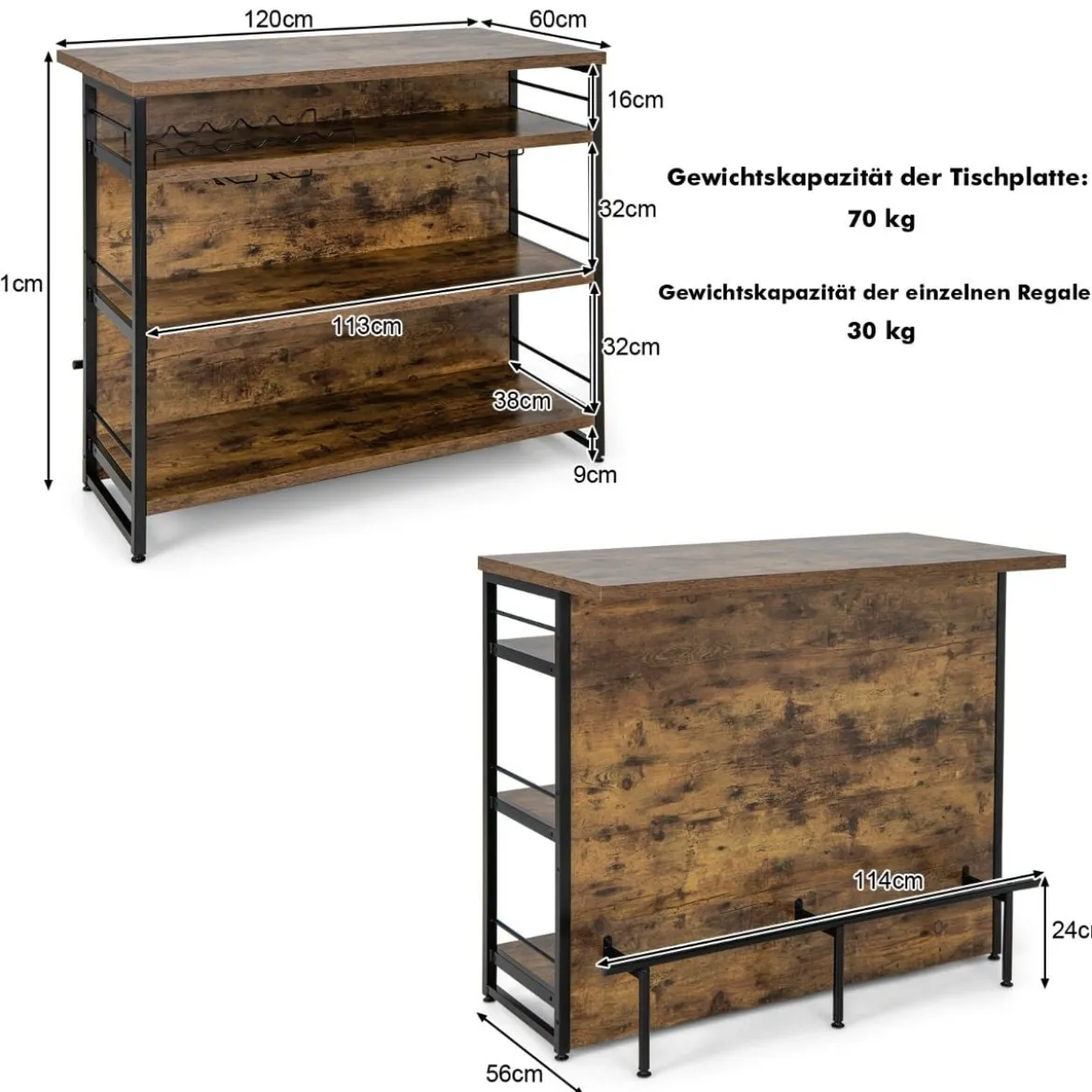Hausbar Schrank mit 4 Offenen Ablagen & Weinregal & Gläserhalter Küchenregal