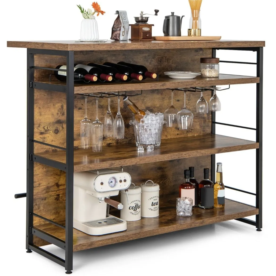 Hausbar Schrank mit 4 Offenen Ablagen & Weinregal & Gläserhalter Küchenregal