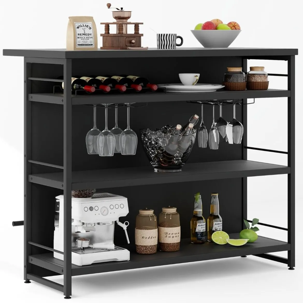 Hausbar Schrank mit 4 Offenen Ablagen & Weinregal & Gläserhalter Küchenregal