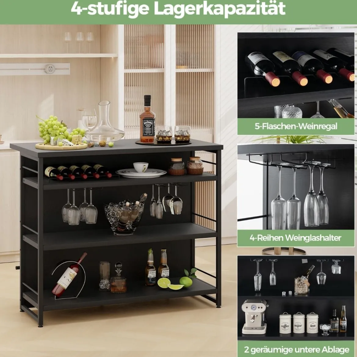 Hausbar Schrank mit 4 Offenen Ablagen & Weinregal & Gläserhalter Küchenregal