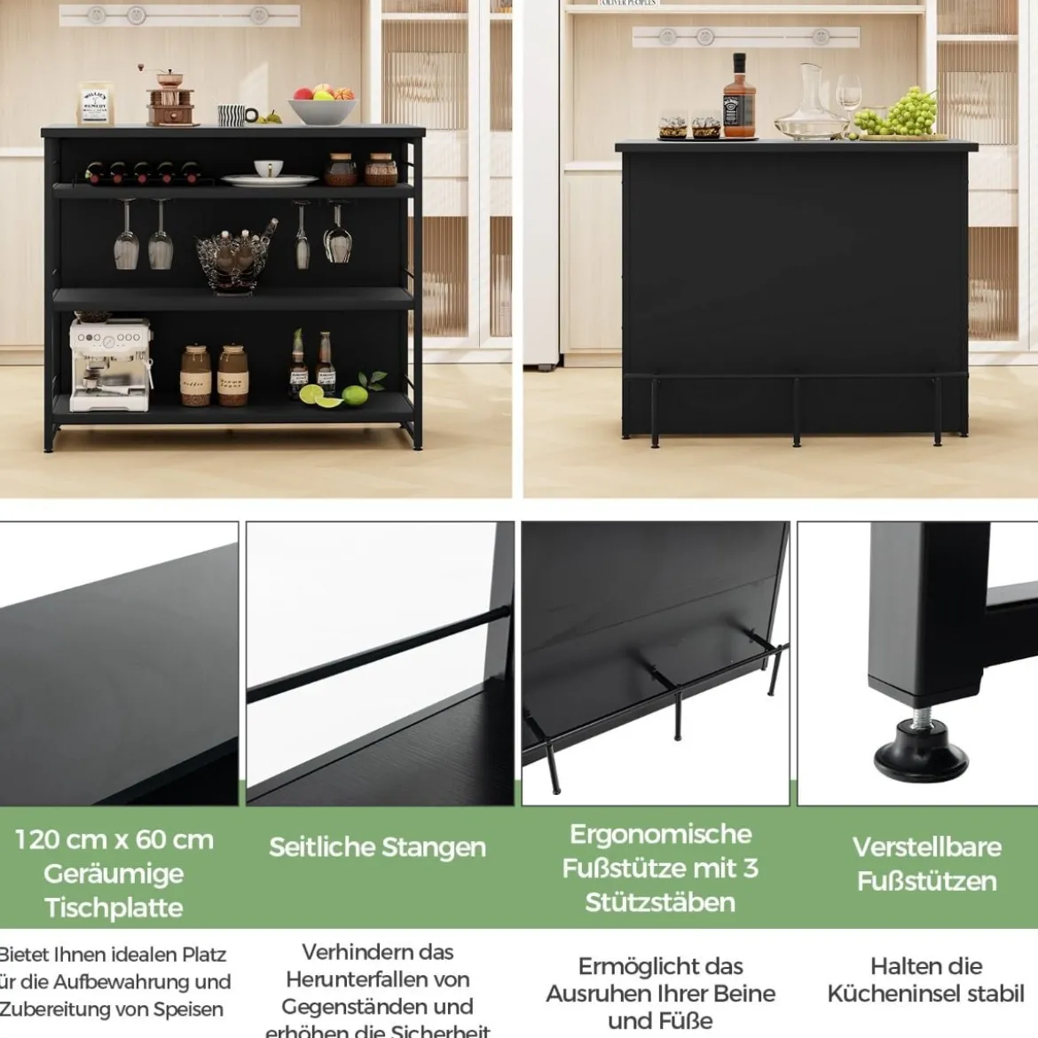 Hausbar Schrank mit 4 Offenen Ablagen & Weinregal & Gläserhalter Küchenregal