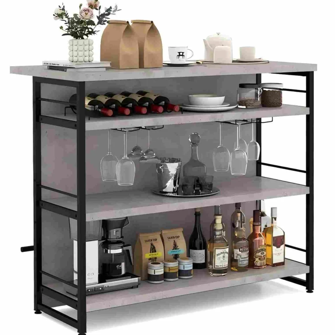 Hausbar Schrank mit 4 Offenen Ablagen & Weinregal & Gläserhalter Küchenregal