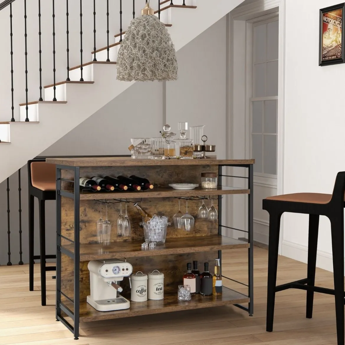 Hausbar Schrank mit 4 Offenen Ablagen & Weinregal & Gläserhalter Küchenregal