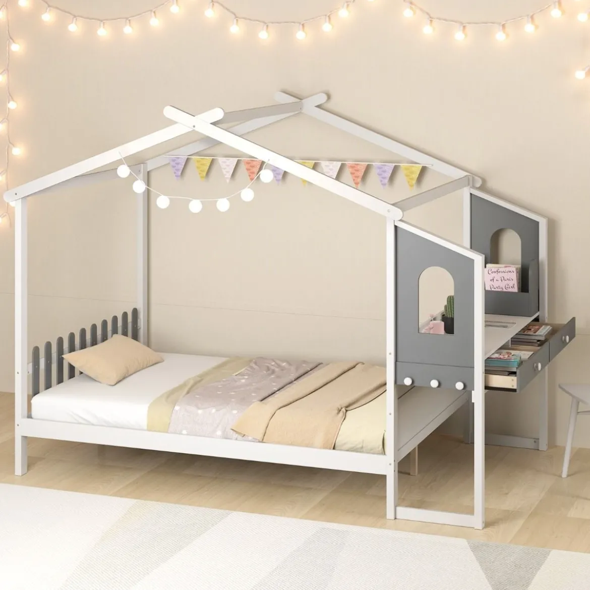 Hausbett mit Schreibtisch & Schubladen & Haken Kinderbett in Hausform mit Lattenrost