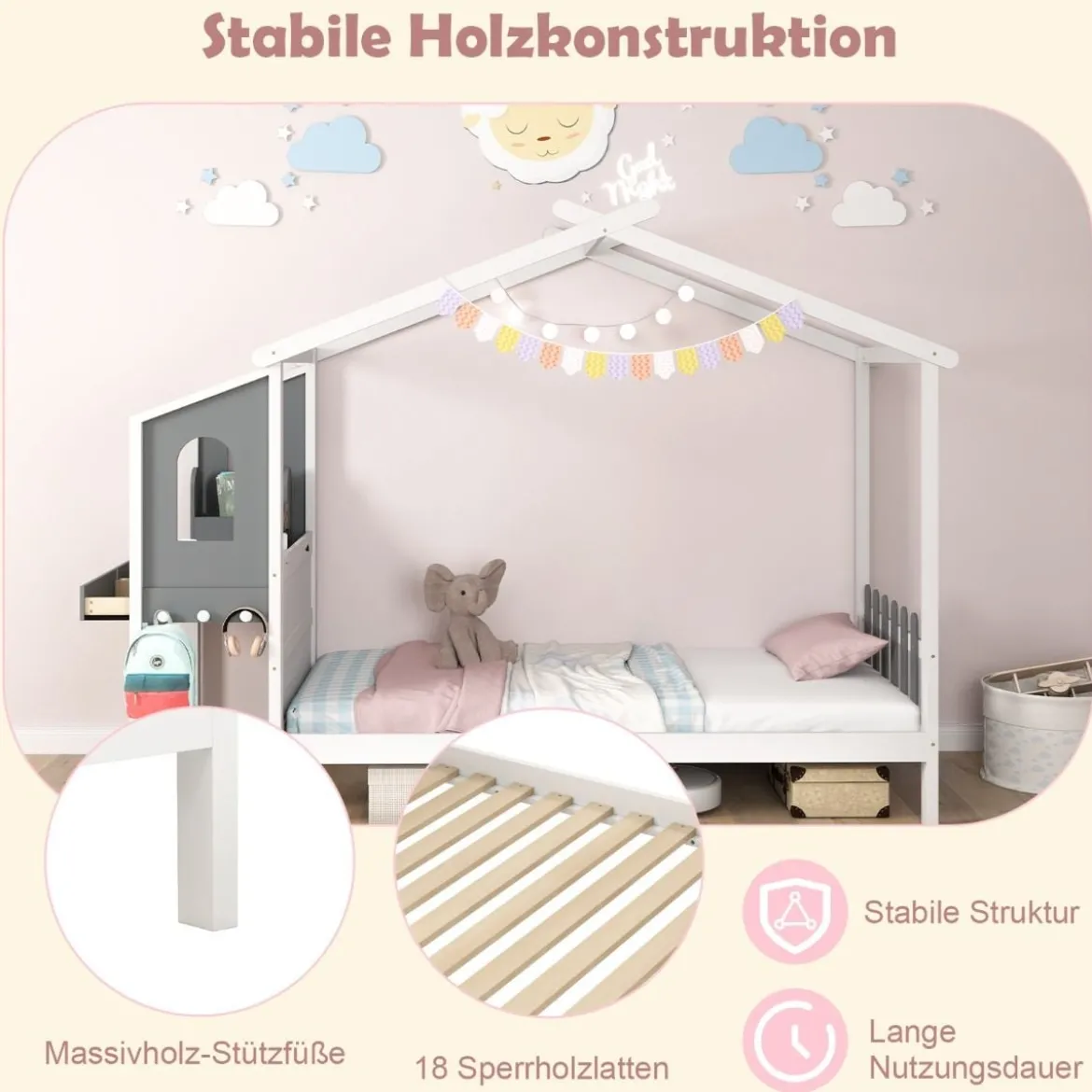 Hausbett mit Schreibtisch & Schubladen & Haken Kinderbett in Hausform mit Lattenrost