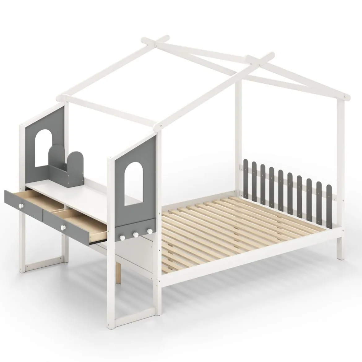 Hausbett mit Schreibtisch & Schubladen & Haken Kinderbett in Hausform mit Lattenrost