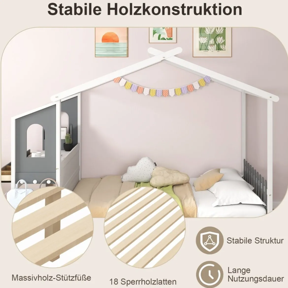 Hausbett mit Schreibtisch & Schubladen & Haken Kinderbett in Hausform mit Lattenrost