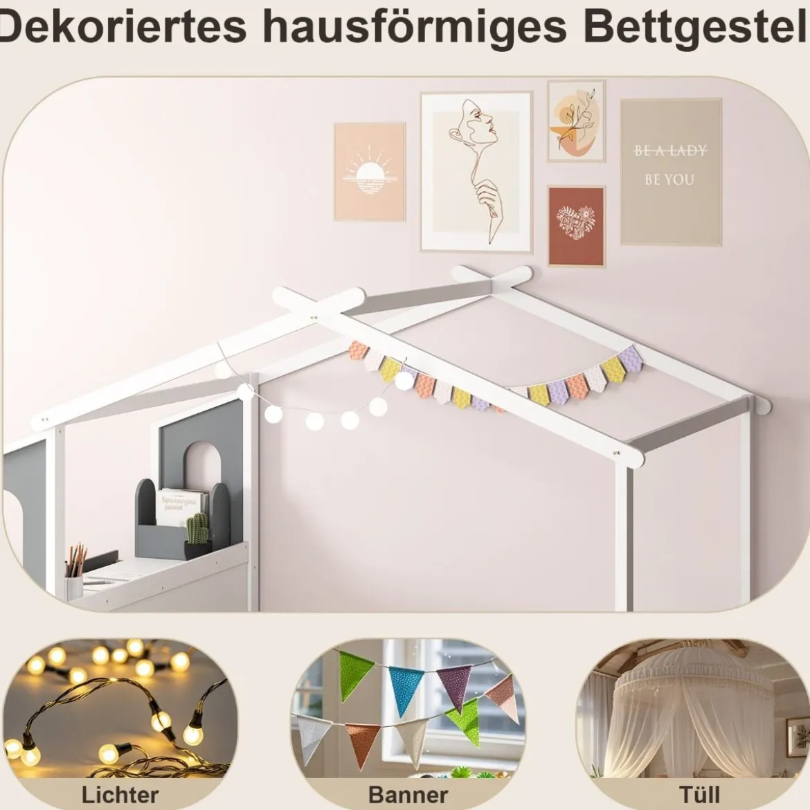 Hausbett mit Schreibtisch & Schubladen & Haken Kinderbett in Hausform mit Lattenrost
