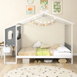 Hausbett mit Schreibtisch & Schubladen & Haken Kinderbett in Hausform mit Lattenrost
