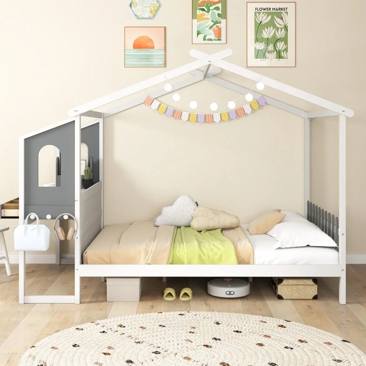 Hausbett mit Schreibtisch & Schubladen & Haken Kinderbett in Hausform mit Lattenrost