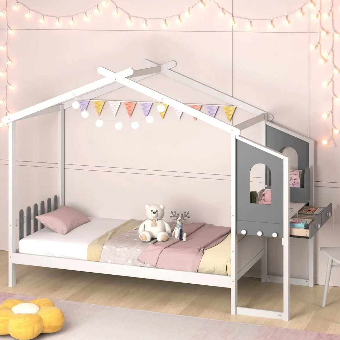 Hausbett mit Schreibtisch & Schubladen & Haken Kinderbett in Hausform mit Lattenrost