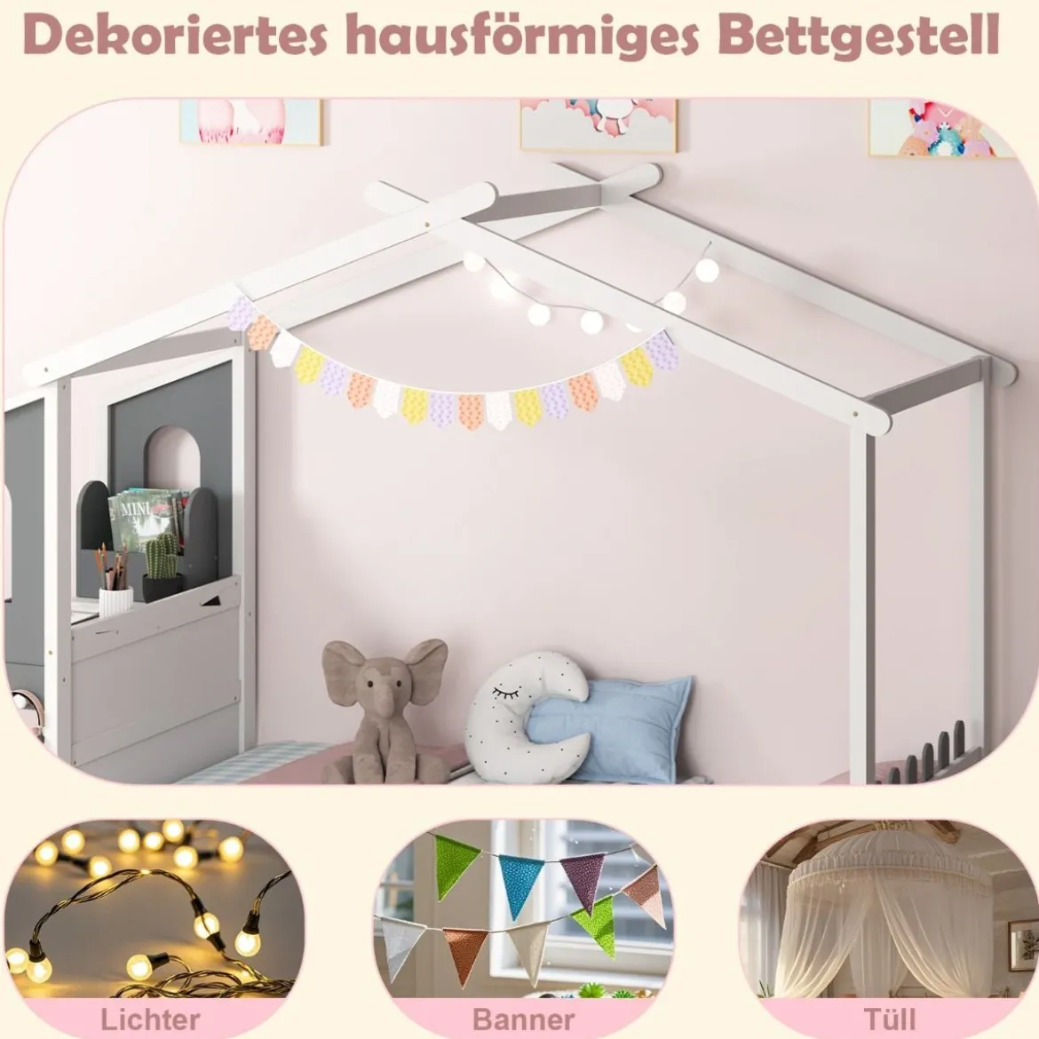 Hausbett mit Schreibtisch & Schubladen & Haken Kinderbett in Hausform mit Lattenrost