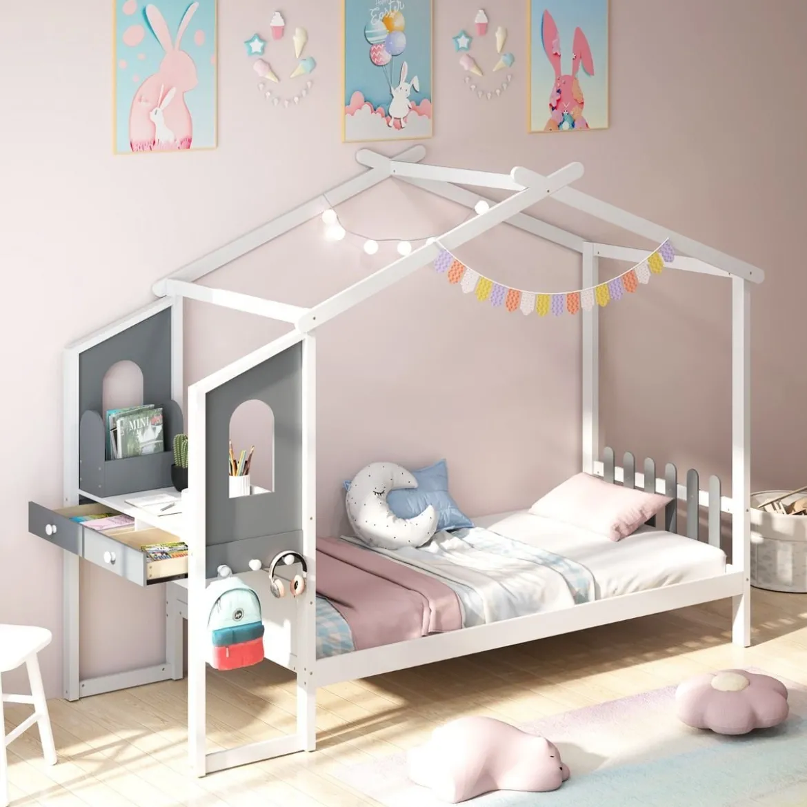 Hausbett mit Schreibtisch & Schubladen & Haken Kinderbett in Hausform mit Lattenrost