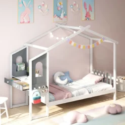 Hausbett mit Schreibtisch & Schubladen & Haken Kinderbett in Hausform mit Lattenrost