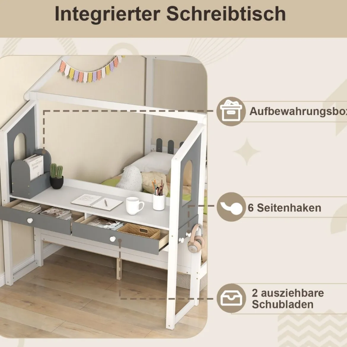 Hausbett mit Schreibtisch & Schubladen & Haken Kinderbett in Hausform mit Lattenrost