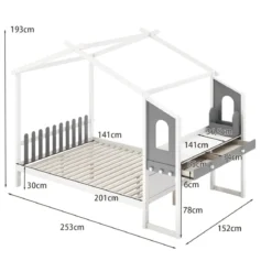Hausbett mit Schreibtisch & Schubladen & Haken Kinderbett in Hausform mit Lattenrost