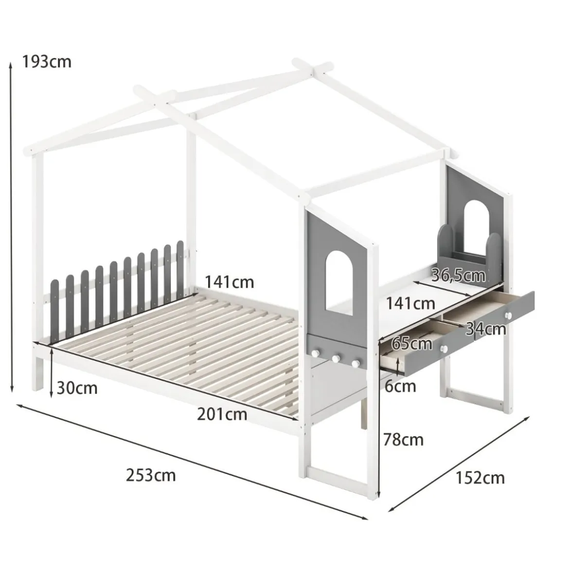 Hausbett mit Schreibtisch & Schubladen & Haken Kinderbett in Hausform mit Lattenrost
